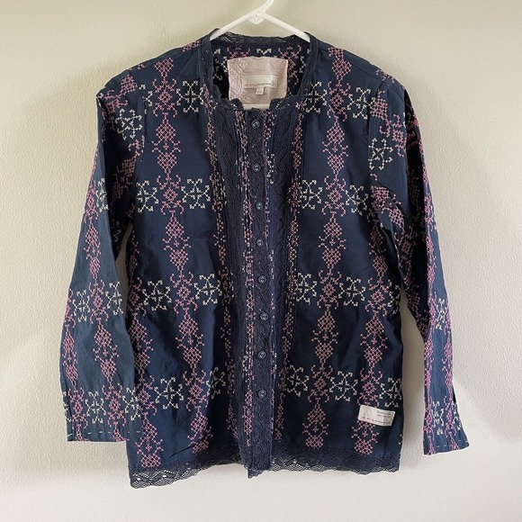 Odd Molly Tops - Odd Molly Anthropologie‎ Button Down Shirt Size Large 3 Cross Stitch Lace Navy